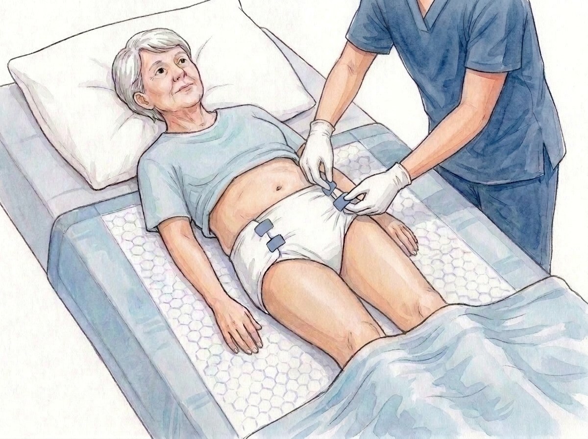 10. Fixați cele patru benzi adezive una câte una, din spate spre față, la nivelul abdomenului